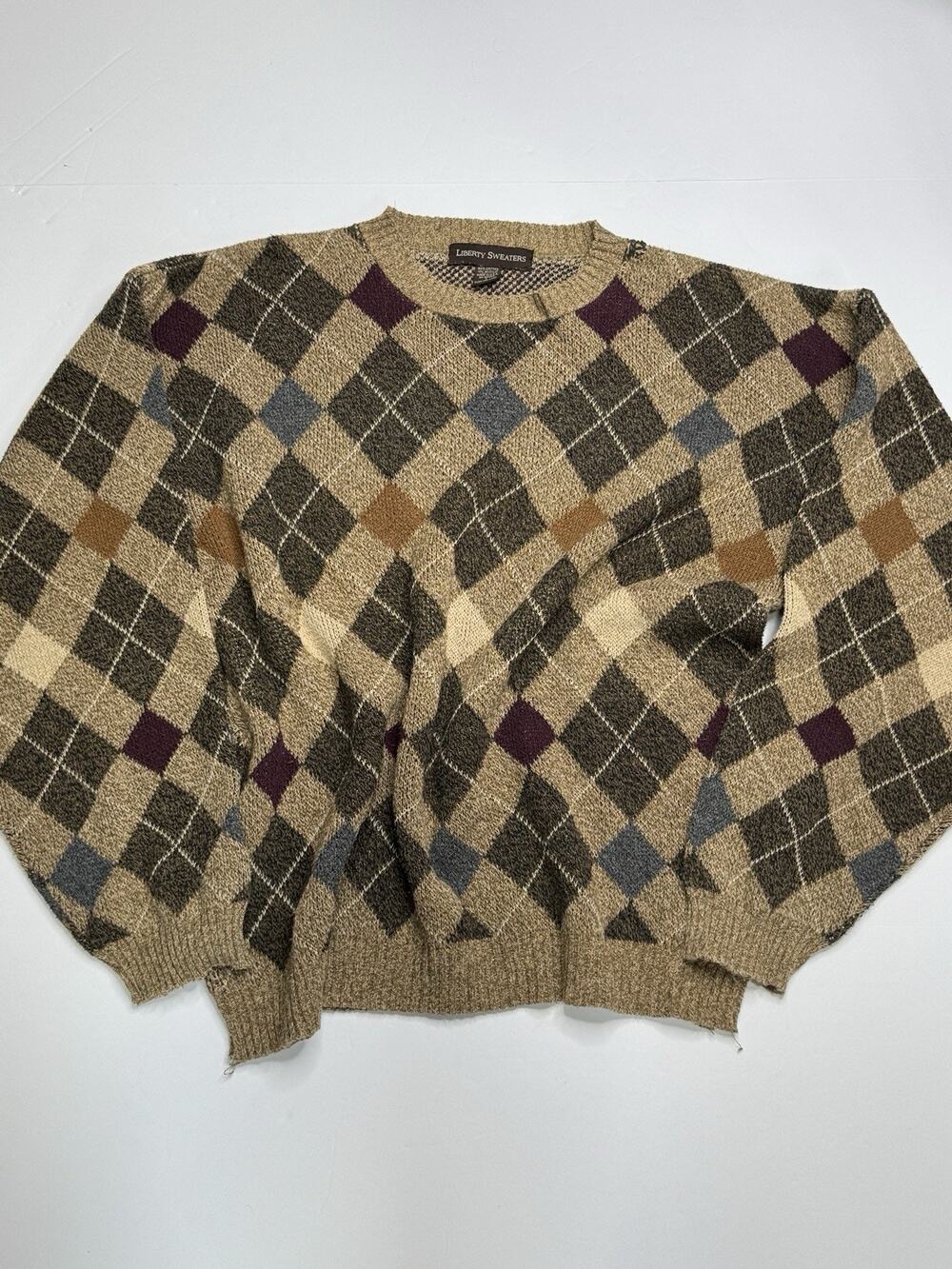 Vintage 90s Liberty Sweaters Argyle Knit Mens L USA Cotton Ramie Grandpa